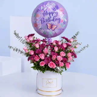 Light pink roses luxury birthday flower box 30 light pink roses, purple chrysanthemums, fresh ruscus and eucalyptus foliage, and a happy birthday balloon.