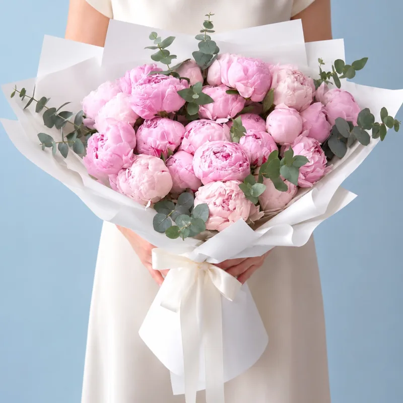 A luxurious hand-tied bouquet of fresh pink peonies featuring lush petals, green foliages elegantly wrapped in a white sheet with a satin ribbon.