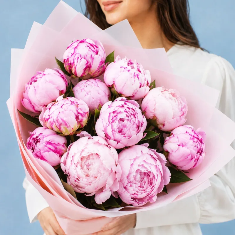 Pink peony bouquet featuring abundant blooms and delicate petals in a light pink Korean sheet.