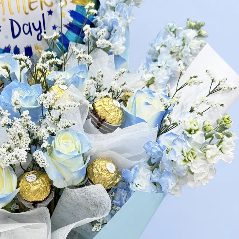 rose-delphinium-chocolate-bouquet-with-balloon_02 rose delphinium chocolate bouquet with balloon 02