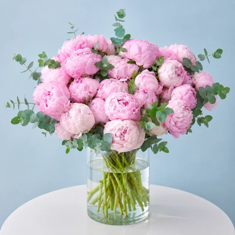 rosy-peonies-in-vase Blooming pink peonies in a premium vase arrangement for special moments.