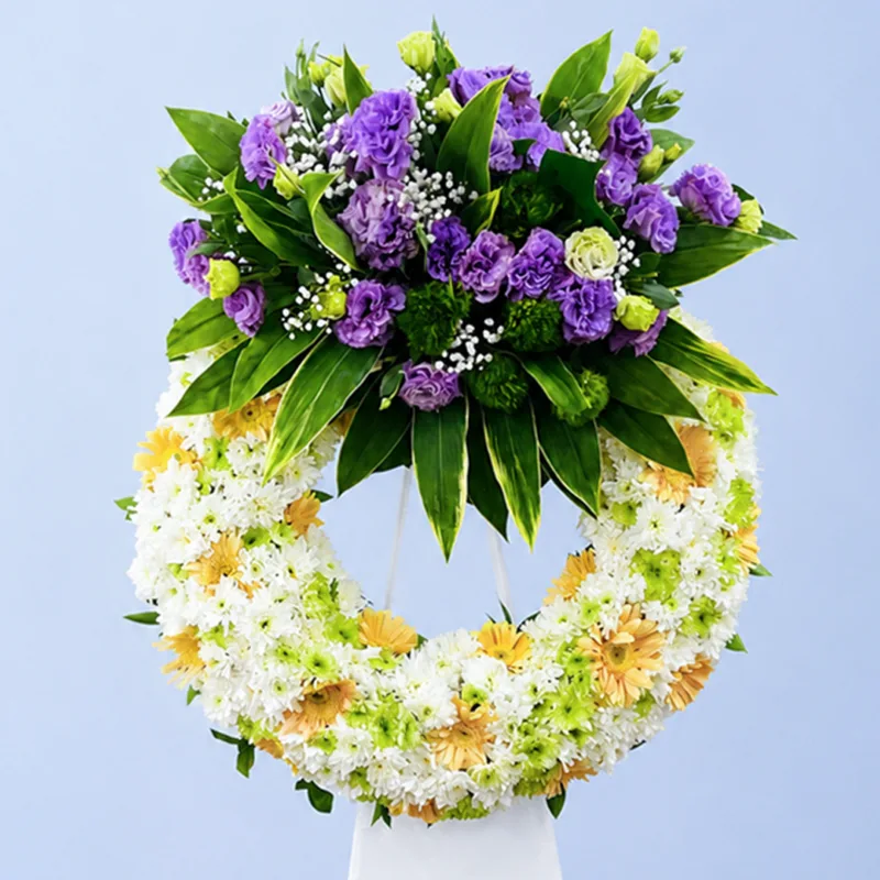 white-purple-tribute-wreath-stand_02 white purple tribute wreath stand 02